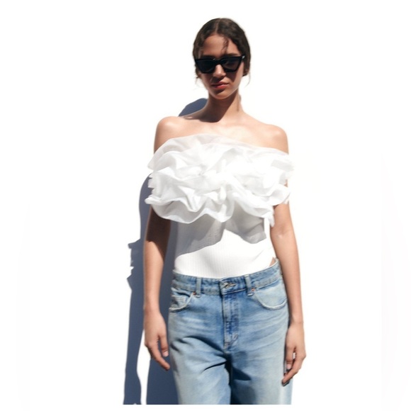 Zara Organza Ruffle Bandeau Bodysuit EUC - Picture 2 of 3